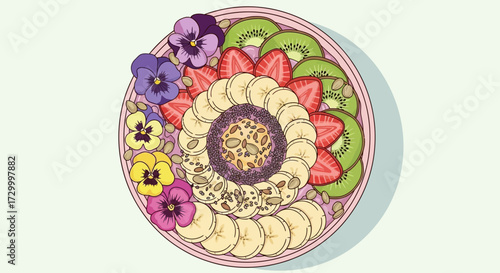 Top-down view of a colorful bowl with banana slices, kiwi, strawberries, edible flowers, and a central filling.
