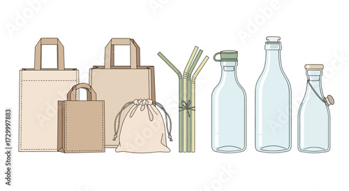 Illustration of reusable shopping bags, straws, and glass bottles, promoting sustainable living and eco-friendly alternatives.