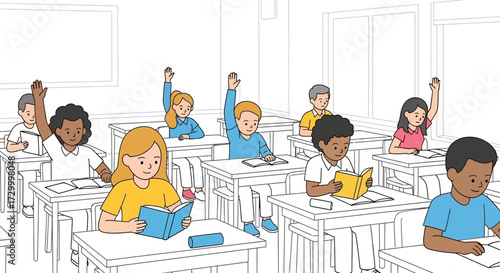 Students in a classroom raising their hands and reading books at their desks, illustration.