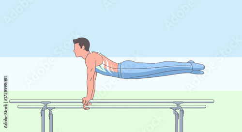 A gymnast performing a straight body hold on parallel bars, showcasing strength.