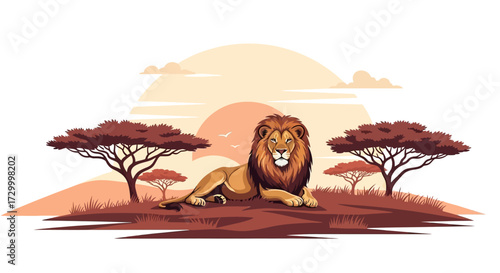 A lion rests on the savanna with trees and a sunset in the background.
