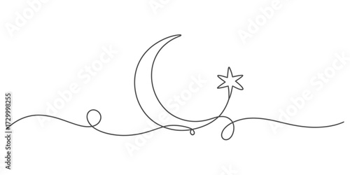 Continuous one line drawing of a crescent moon and star vector illustration vector