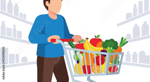A person pushing a shopping cart filled with various fresh fruits and vegetables in a grocery store aisle.