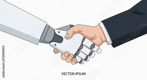A human hand and a robotic hand shaking, symbolizing collaboration and future technology.