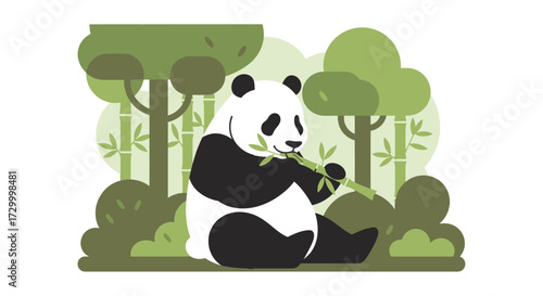 Illustration of a panda bear enjoying bamboo in a lush, green forest environment.