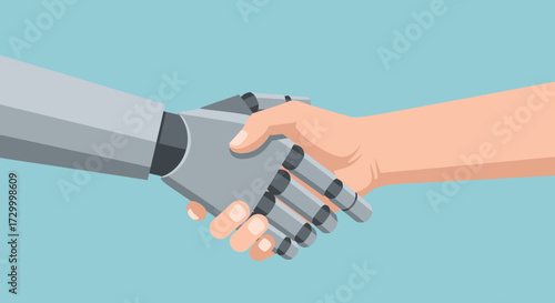 A human hand shakes hands with a robot hand against a light blue background, symbolizing collaboration and agreement.