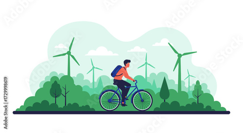 Man cycling on a path with wind turbines and trees in the background, promoting green energy and eco-friendly transportation.