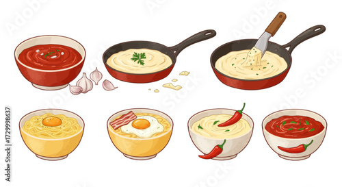 Collection of vector food illustrations including sauces, mashed potatoes, pasta, and eggs, presented in bowls and pans