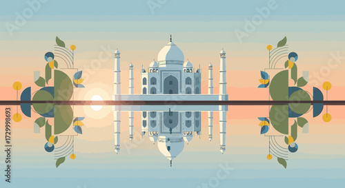 Taj Mahal illustration reflected in water, framed by stylized floral elements, set against a pastel sunrise sky.