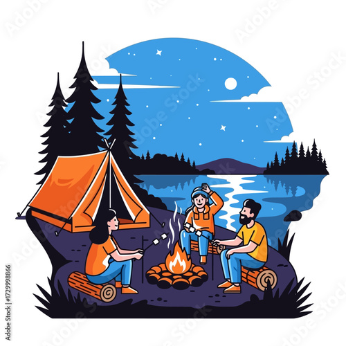 A family enjoys camping by a lake, roasting marshmallows around a campfire at night.