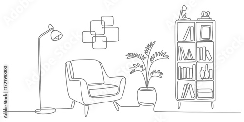 Continuous one line drawing vector illustration of a living room interior scene vector