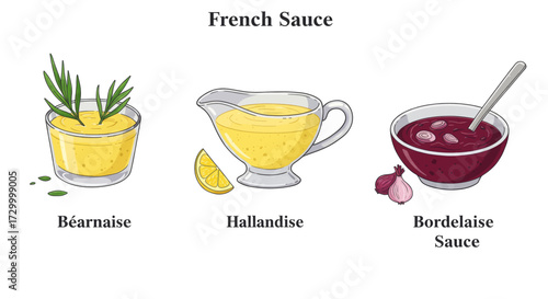 French sauces Béarnaise, Hollandaise, and Bordelaise, classic culinary preparations