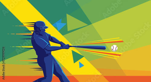 A stylized illustration depicts a baseball player swinging a bat, hitting the ball with speed.