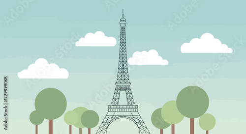 Eiffel Tower illustration with stylized trees and clouds against a light blue sky.