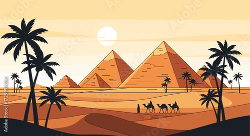 Desert landscape with pyramids, palm trees, and a caravan of camels under a bright sun.