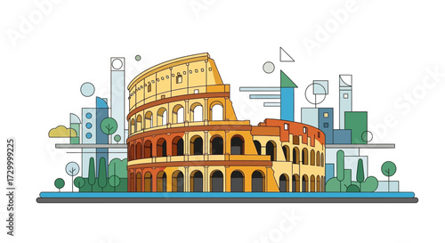 Stylized illustration of the Colosseum in Rome, with abstract city elements.