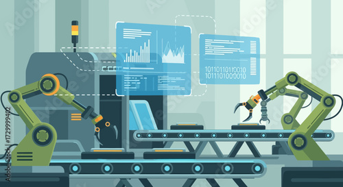 Animated illustration of factory robots working on an assembly line, displaying data on screens.