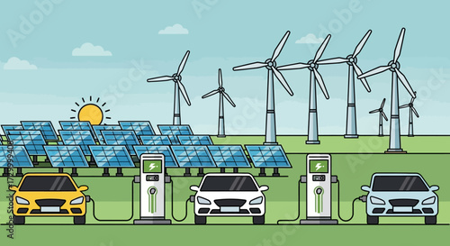 Electric cars charging at a station powered by solar panels and wind turbines in a green energy landscape.
