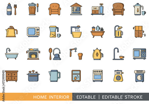 Vector art of a vibrant collection of home interior icons, showcasing essential elements like furniture, appliances, and decorative items, all rendered in a clean, modern style