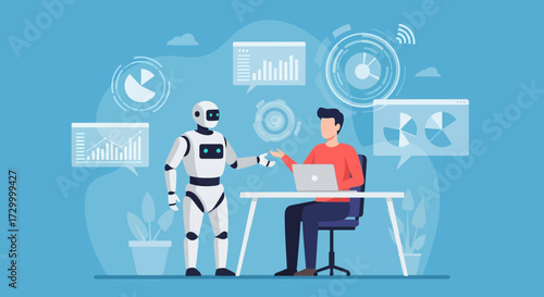 A human and robot shake hands over a desk with digital data displays.