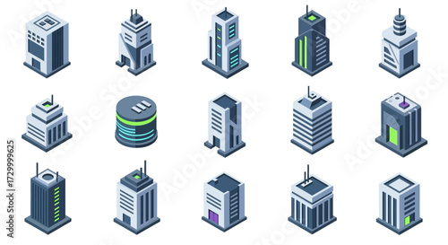 Collection of futuristic isometric skyscrapers and modern buildings.