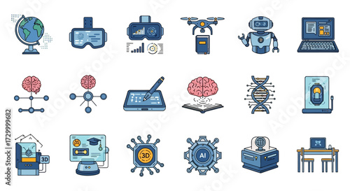 Collection of futuristic technology icons representing innovation and progress in various fields.