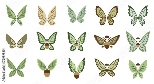 Collection of Green and Gold Fairy Wings with Leaf and Acorn Designs.