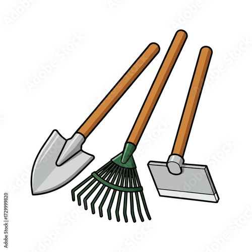 Garden Tools Shovel, Rake, and Hoe Illustration for Gardening Enthusiasts
