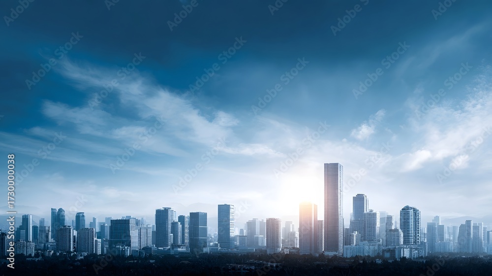 Obraz premium Modern city skyline with towering skyscrapers under a bright dramatic sky