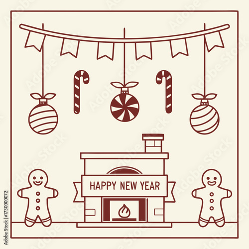 Happy New Year fireplace graphic mockup with candy canes and gingerbread man decorations