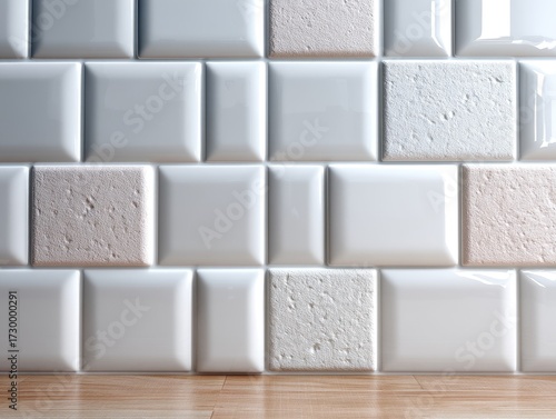 Clean Architectural Texture of White Ceramic Tiles with Glittering Accents and Wooden Base