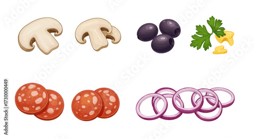Assortment of fresh pizza ingredients including mushrooms, olives, onions, and pepperoni, isolated on a white background
