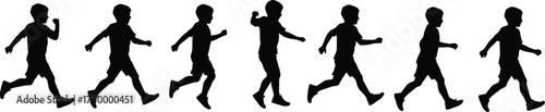 Boy running walking silhouette sequence, child motion outline, kid step animation, black shadow figure design, vector action movement frame set