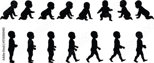 Baby crawling walking silhouette stages, child development growth process, infant to toddler vector illustration, human milestone evolution isolated design artwork