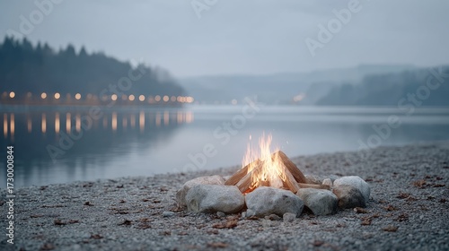 Campfire Burning At Night Near Lake Cinematic HDR
