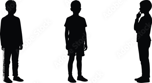 Boy silhouette standing, child profile and full body, kids thinking pose, young male outline vector illustration, human shadow isolated design