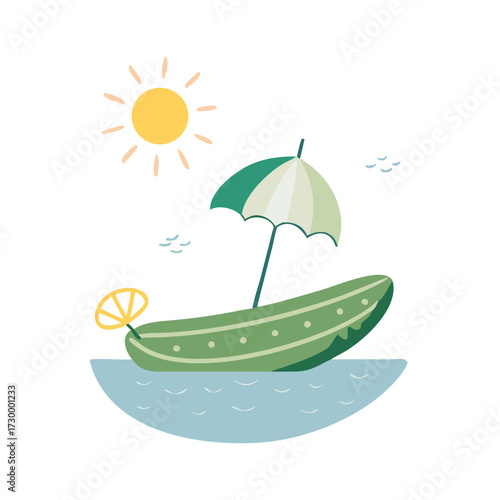 vector illustration of a summer sun, Summer beach vector with umbrella and surfboard