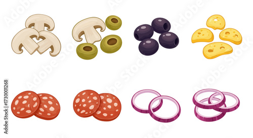 Collection of pizza toppings including mushrooms, olives, cheese, pepperoni, and onions