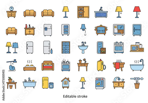 Vector art of a vibrant collection of home interior icons, showcasing essential elements like furniture, appliances, and decorative items, all rendered in a clean, modern style