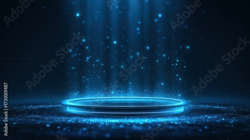 Empty blue podium floating in the air with blue neon ring on background.Magic fantasy portal. Magic circle teleport podium with hologram effect. Abstract high tech futuristic technology design