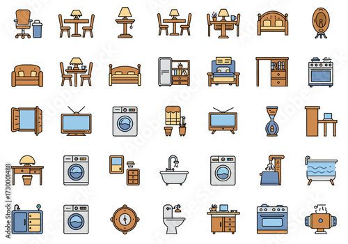 Vector art of a vibrant collection of home interior icons, showcasing essential elements like furniture, appliances, and decorative items, all rendered in a clean, modern style