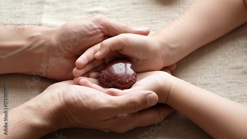 Weathered Hands Gently Cradle a Heart Shaped Object Between a Child's Hands on Neutral Linen Background Symbolizing Care Nurturing and Mental Health Awareness Day