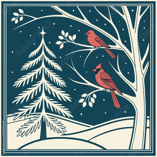 Peaceful Winter Night Scene with Two Red Cardinal Birds Perched on a Snowy Branch