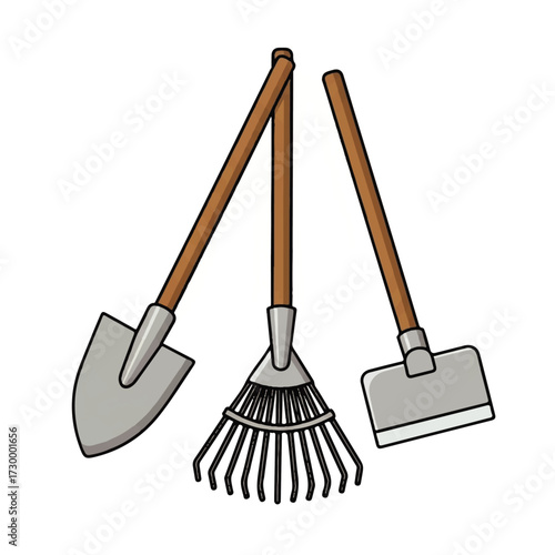 A vibrant cartoon illustration showcasing essential garden tools a sturdy shovel, a versatile rake, and a practical hoe, ready for cultivation and landscaping projects to nurture growth
