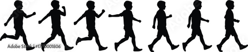 Boy walking running silhouette sequence, child movement outline, kid action pose, animation frame vector, black shadow figure design for motion