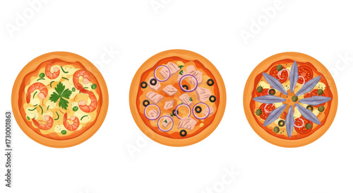 Set of three delicious pizzas with different toppings shrimp, tuna and anchovy, isolated on white background