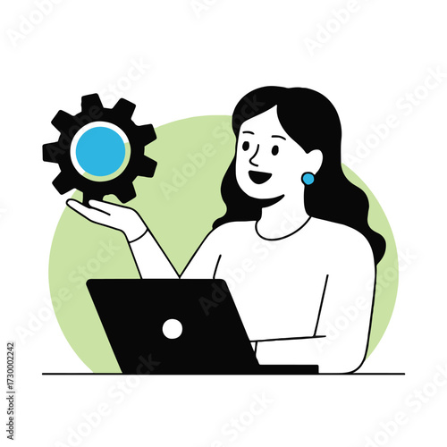 Vector art of a woman is working on a laptop and holding a gear in her hand she is smiling and looking at the gear, which is a symbol of technology