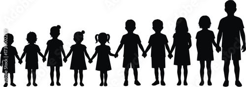 Children holding hands silhouette, kids unity illustration, friendship group, teamwork, togetherness, childhood bond, diversity, family values, community support, social connection