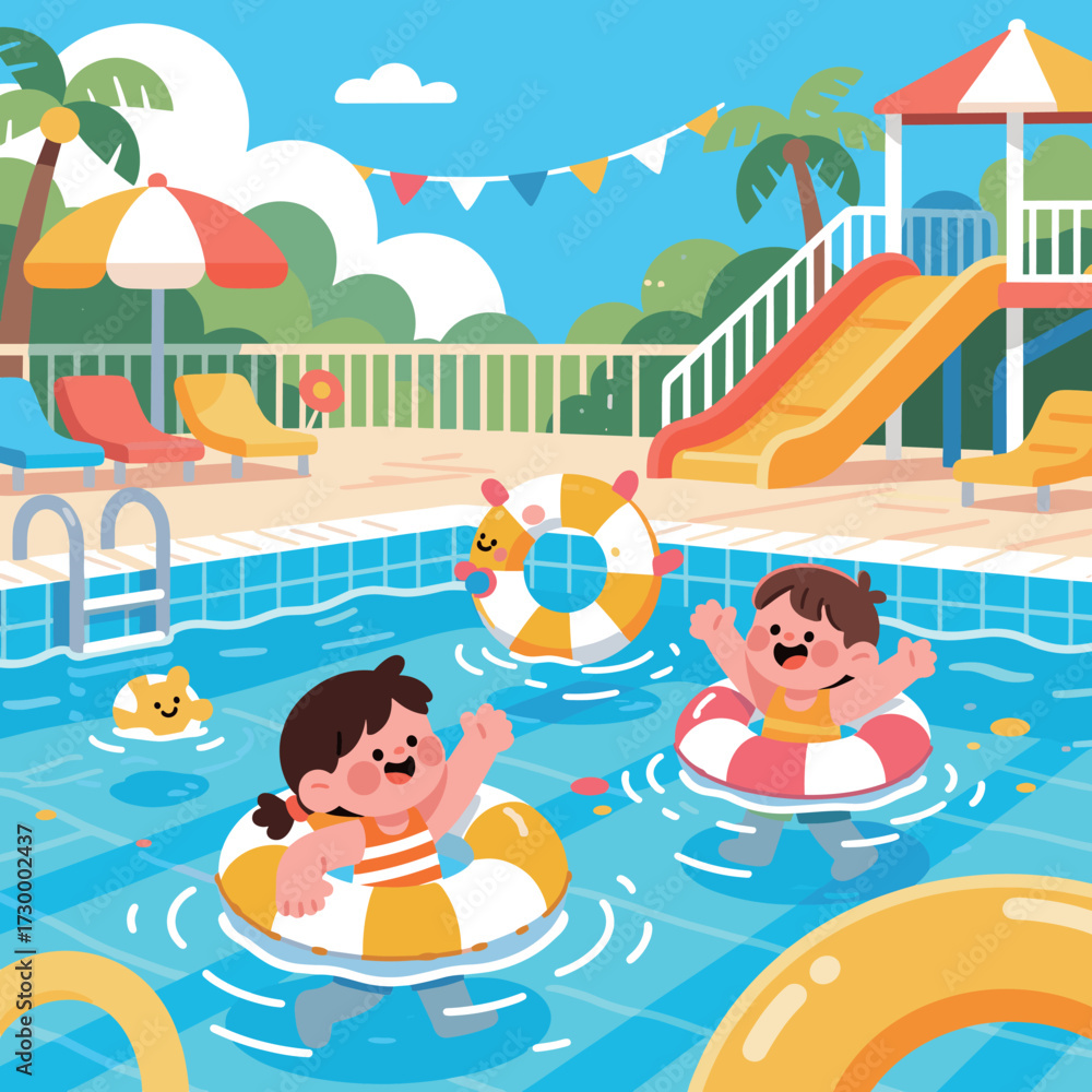 Obraz premium Children playing in a swimming pool with inflatable rings during summer