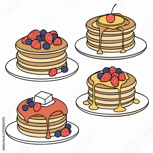 Set of four pancakes with different toppings. Pancakes on white plate. Baking with syrup or honey. Breakfast concept. Flat vector illustration isolated on white background